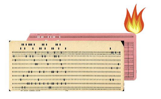 A pair of old-fashioned data punch cards, with a fire emoji above them. The card in the foreground is a standard, beige-colored IBM 80-column card, with columns of numbers and punched holes. A smaller, pink card is behind it.