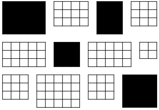 set of rectangles representing clusters, each divided into squares. All squares in some rectangles are colored black, showing 1-stage cluster sampling